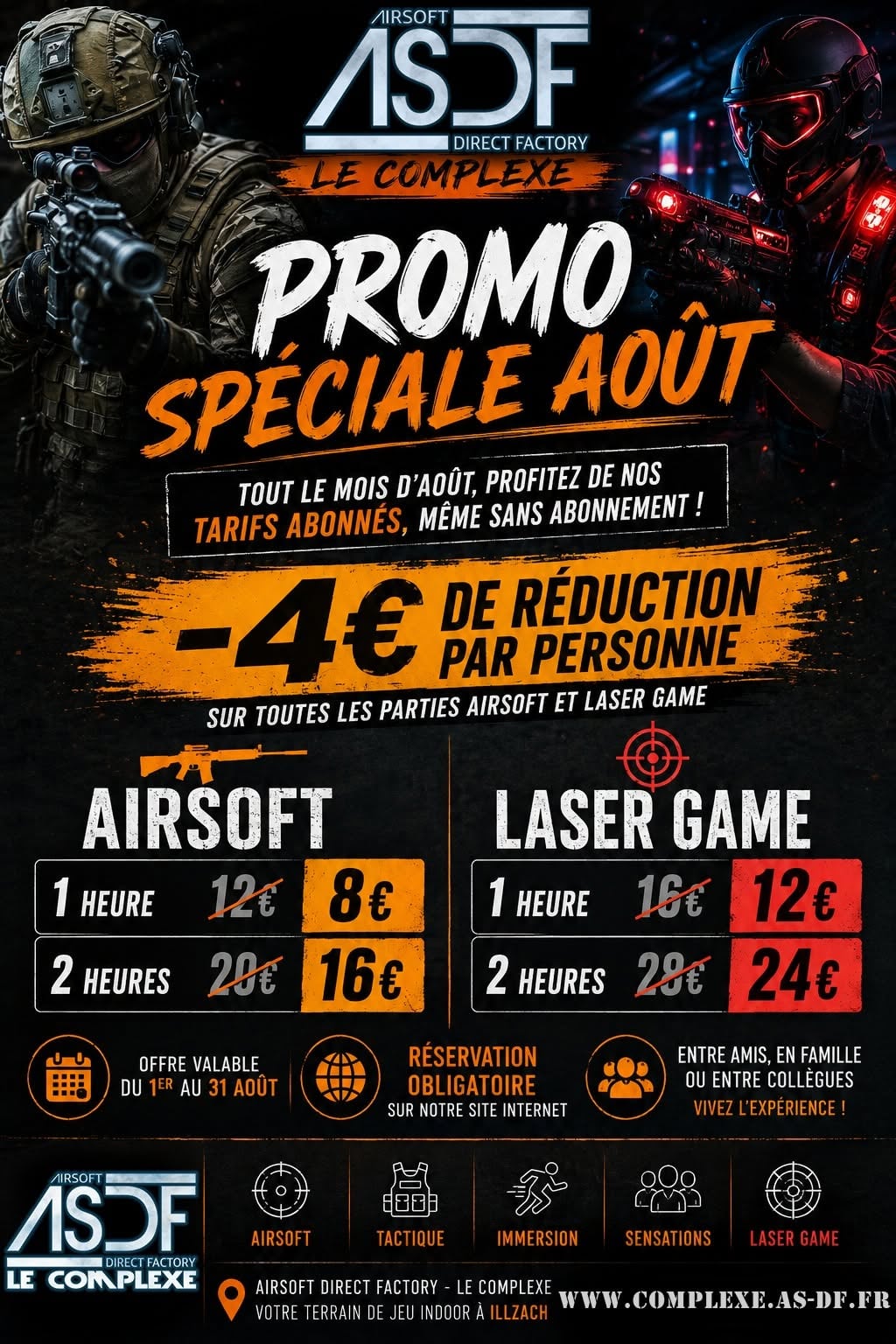 Promotion spéciale août : 4 euros de réduction par personne sur les parties Airsoft et Laser Game